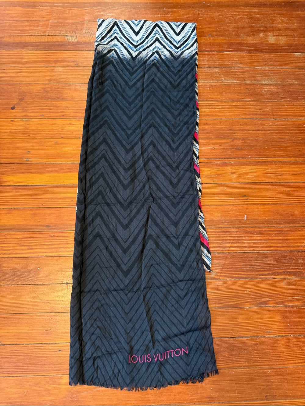 Authentic Louis Vuitton Black and Gray Chevron Scarf / Cover up with Pink Logo